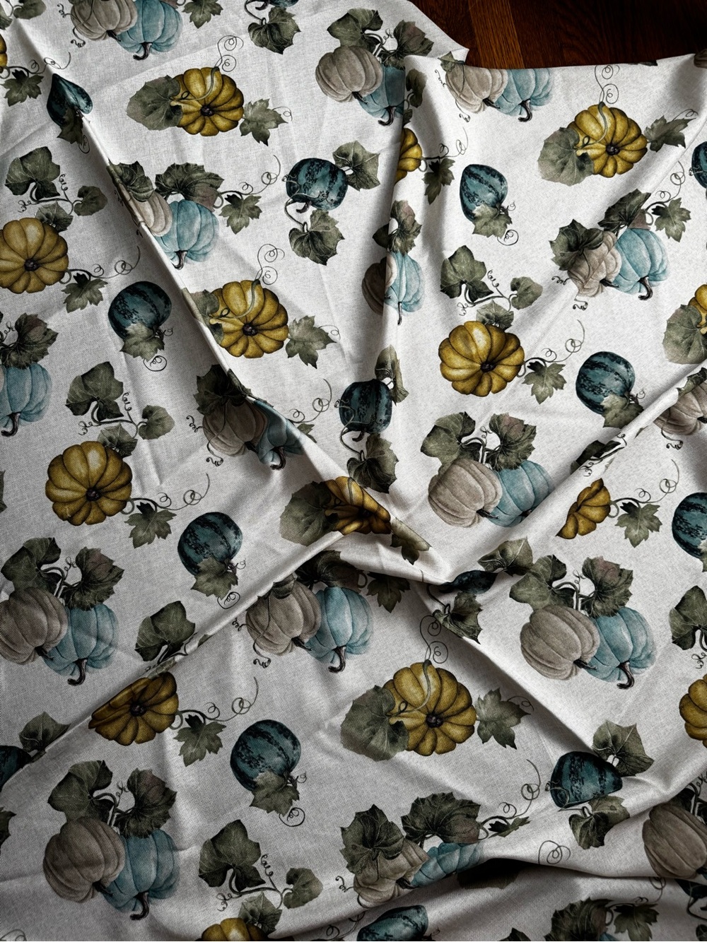 Harvest Pumpkin Cotton Round Table Linen - White with Mustard & Teal Pumpkins